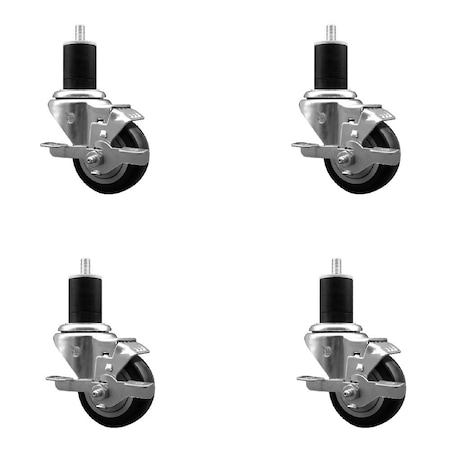 Service Caster 3'' SS Black Poly Swivel 1-3/4'' Expanding Stem Caster Set with Brake, 4PK SCC-SSEX20S314-PPUB-BLK-TLB-134-4